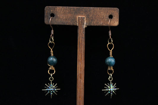 Blue and Brass Star Earrings